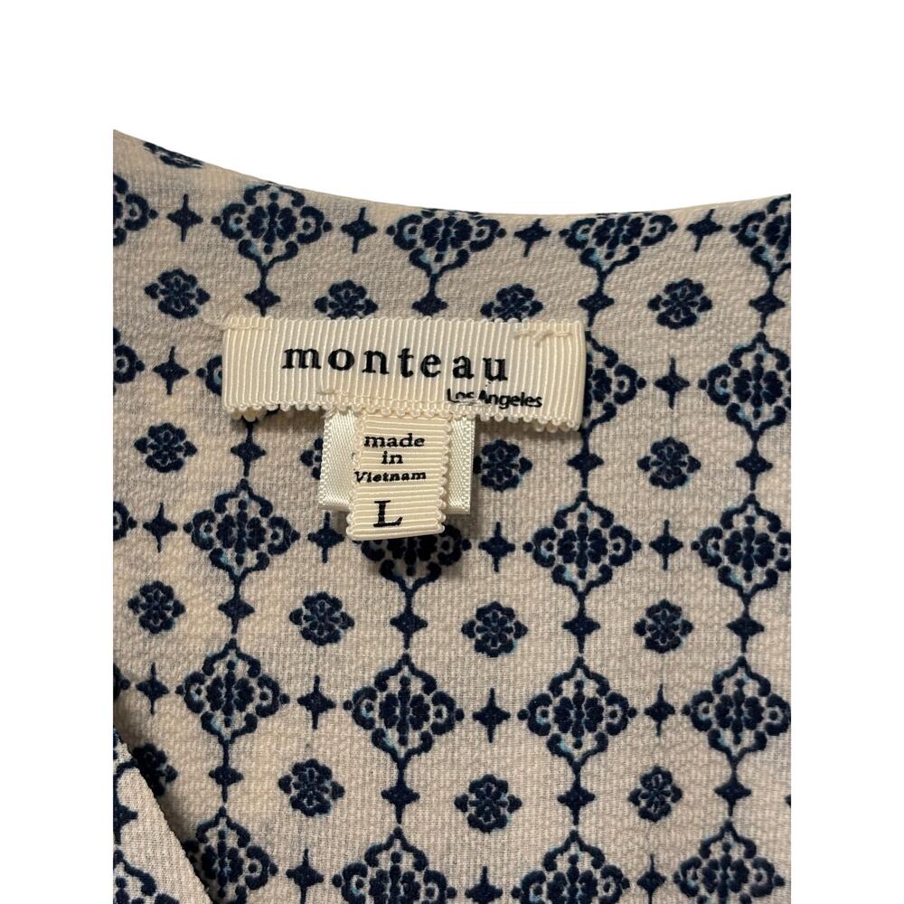 Monteau Los Angeles Dress Large Blue White Printed Ruffle Sleeve Fit & Flare - Picture 4 of 10